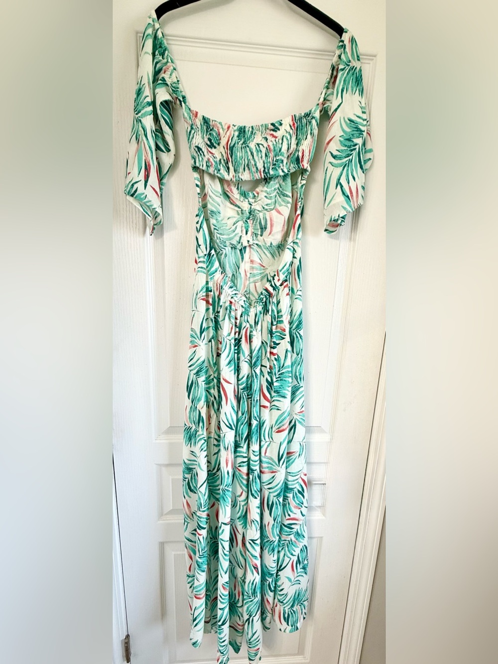 En Creme White Jumsuit with Green and Coral Leaf Print